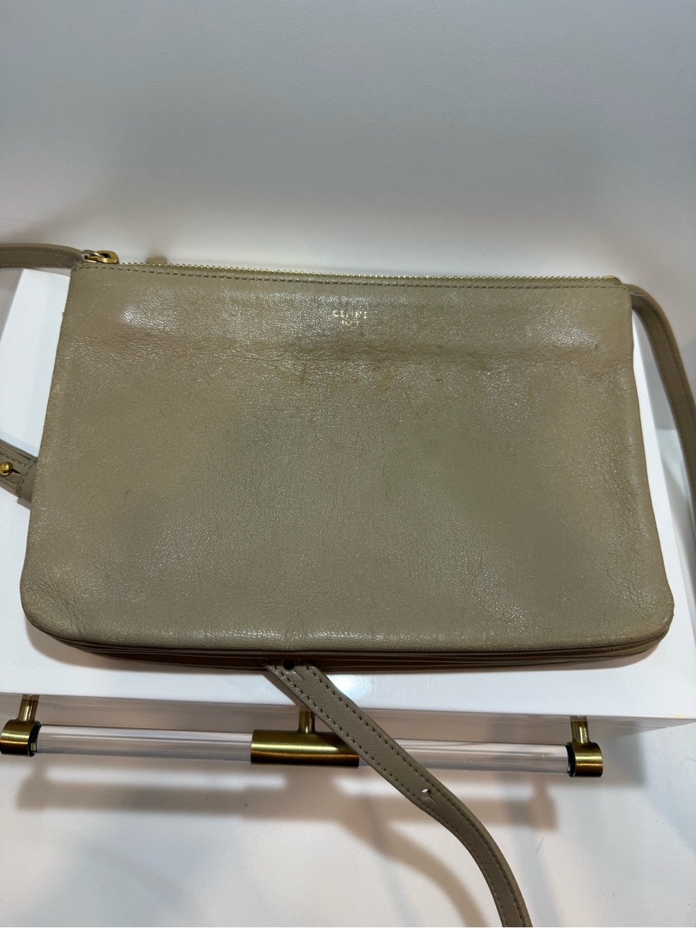 Celine Trio Taupe Leather Crossbody Bag